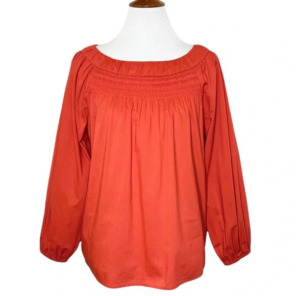SOLD-Anthropologie Smocked Embroidered Coral Red Peasant Blouse - Picture 2 of 9